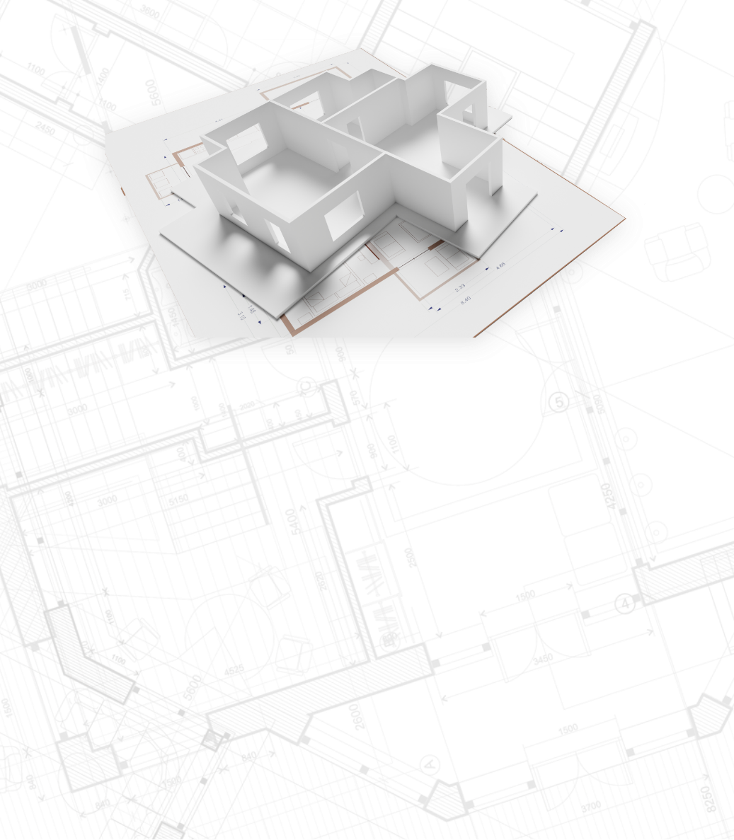 a 3D model of a facility sitting on top of a blueprint