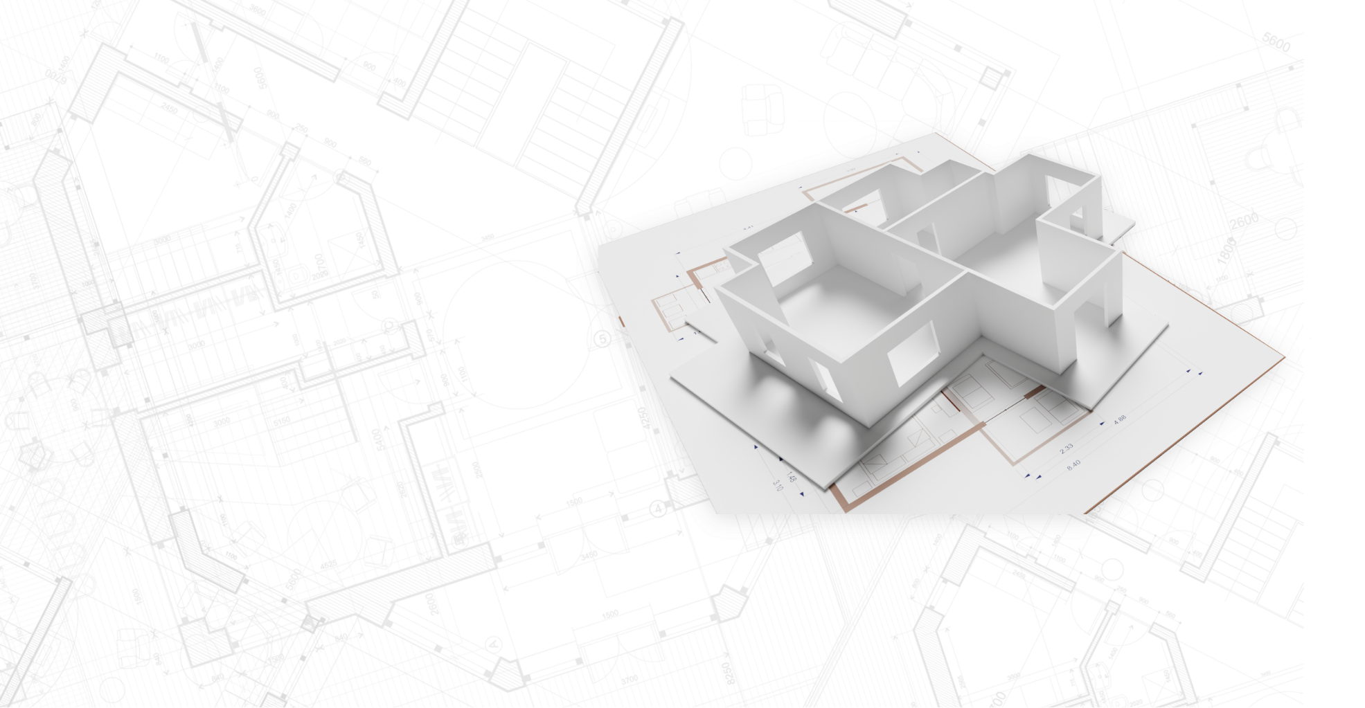 a 3D model of a facility sitting on top of a blueprint