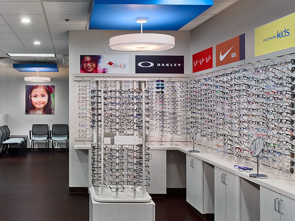 Full view of eyewear display wall at Children's Eye Care and Surgery of Georgia