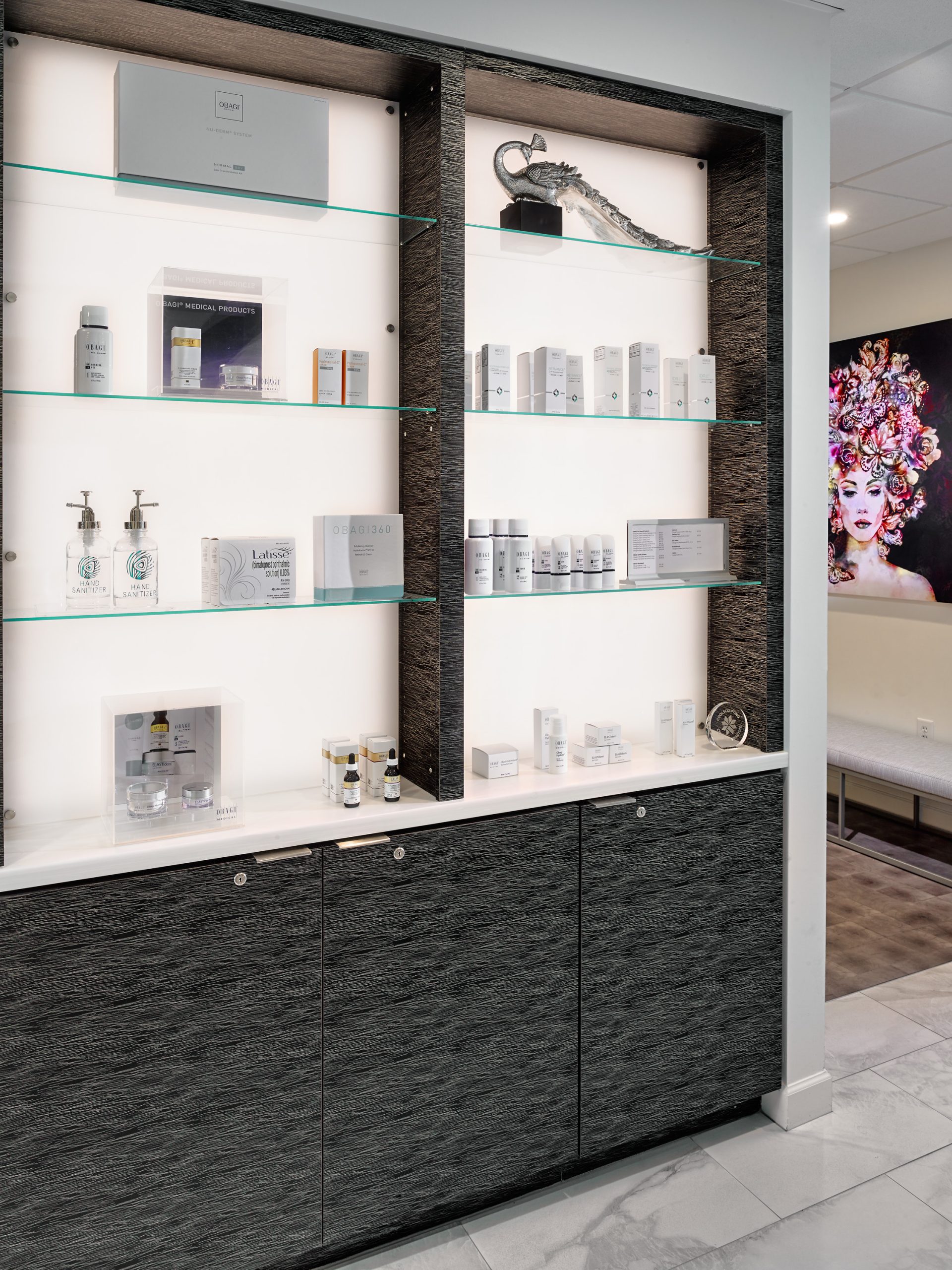 Radiance Surgery and Aesthetic Medicine's cosmetic product display cabinet