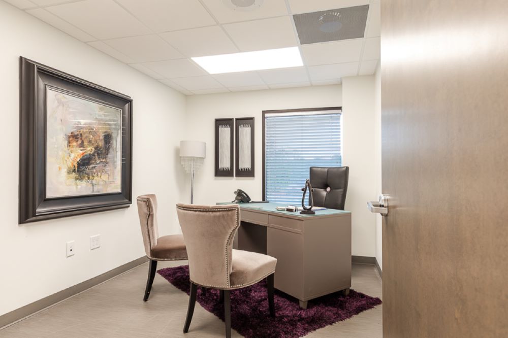 Comprehensive Women's OBGYN office meeting room with modern furnishings, artwork, and accent rug